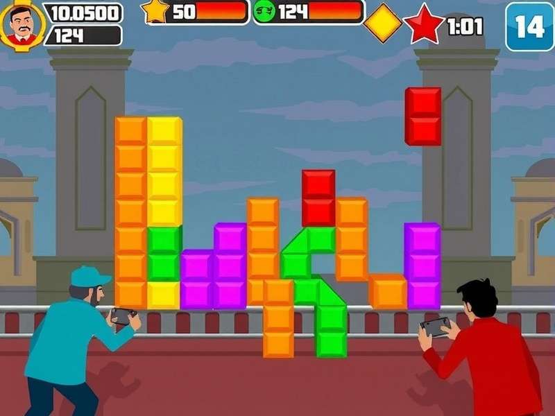 Bangalore Block Rush gameplay screenshot showing colorful blocks and Indian-themed background
